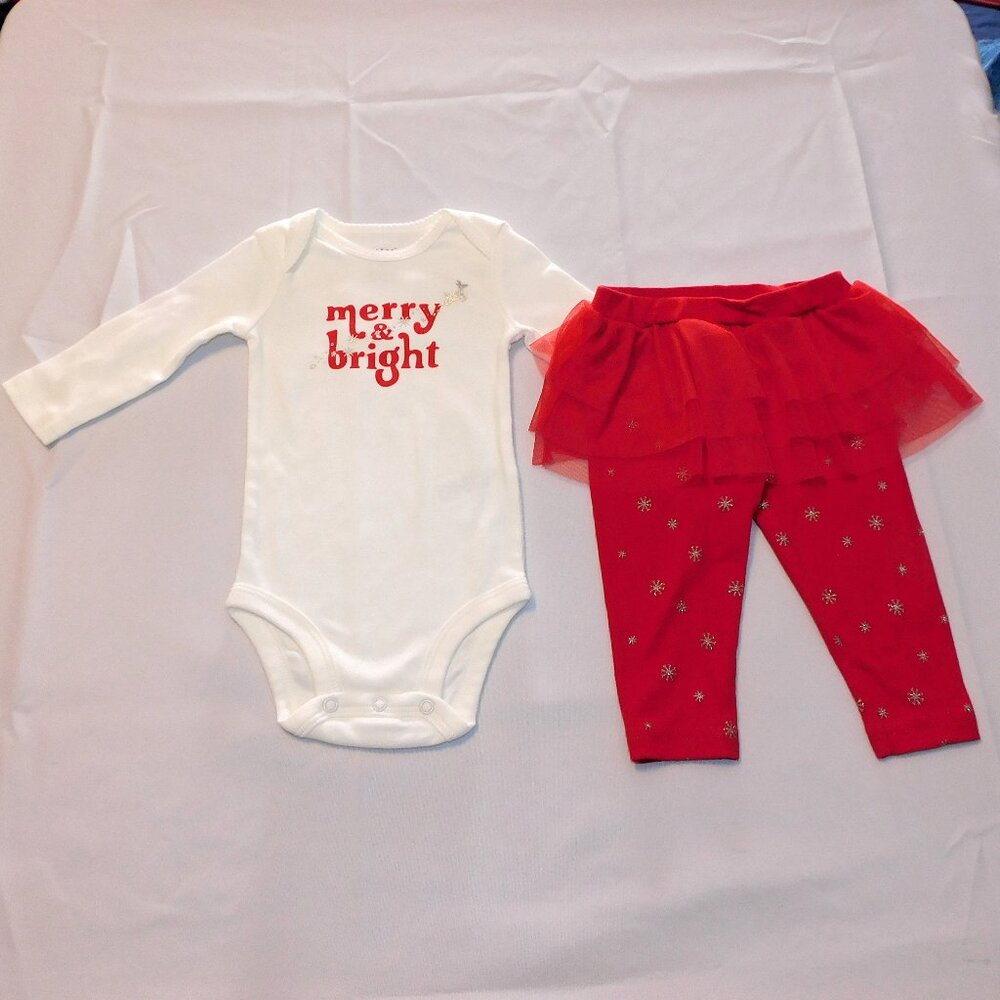 Baby Girl First Christmas Outfit 6 Months Merry & Bright Skirt Pants 2pce NEW